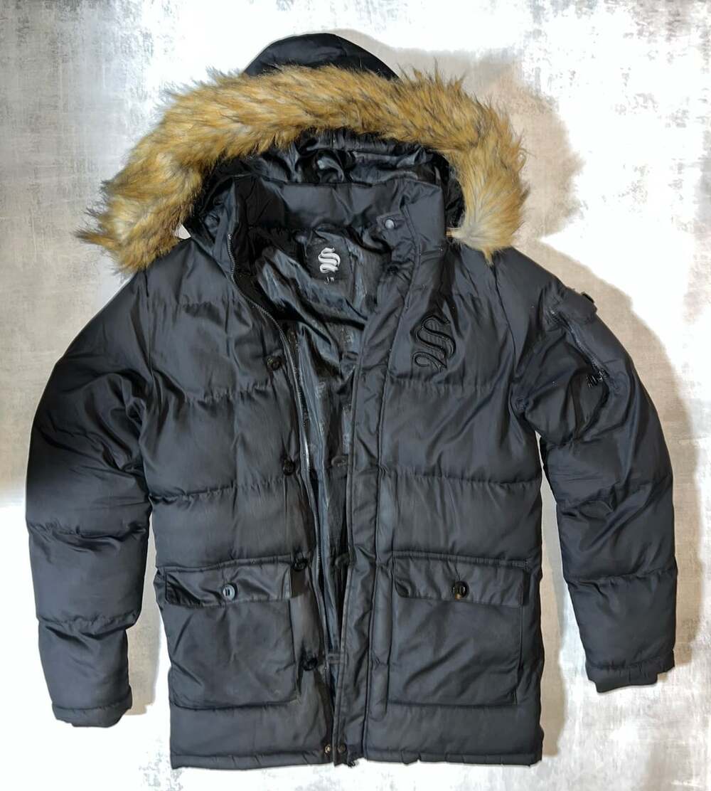 Sinners Attire Puffer Coat Parka Black Faux Fur Hood Size M